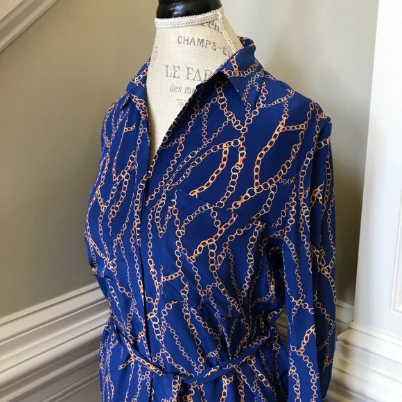 L'Agence Estelle Chain Mini Shirt Dress Womens XS Blue Gold Silk Button Down - Picture 9 of 13